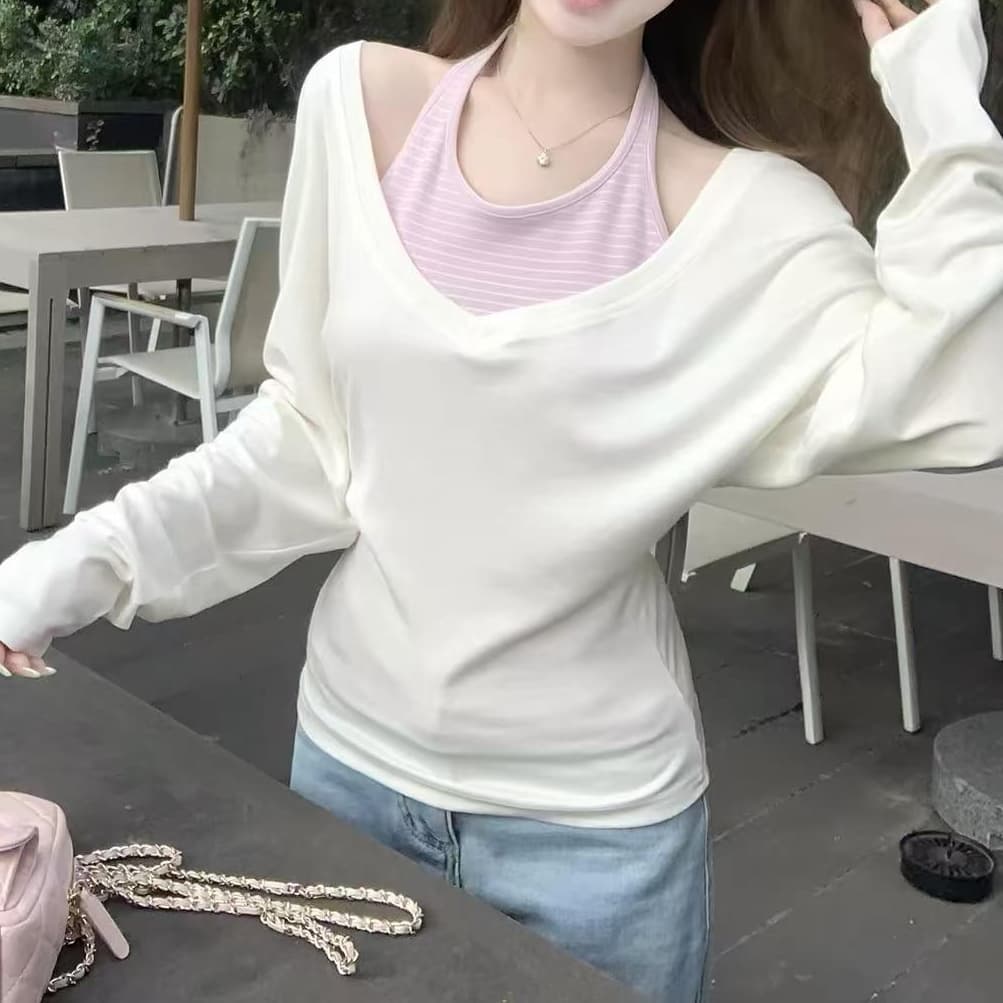 재고 있음 V넥 긴팔 티셔츠 맨위 스트라이프 행침 목 슬립 봄 가을 다용도 자외선 차단 블라우스 패션 투피스 조끼 상세 이미지 4