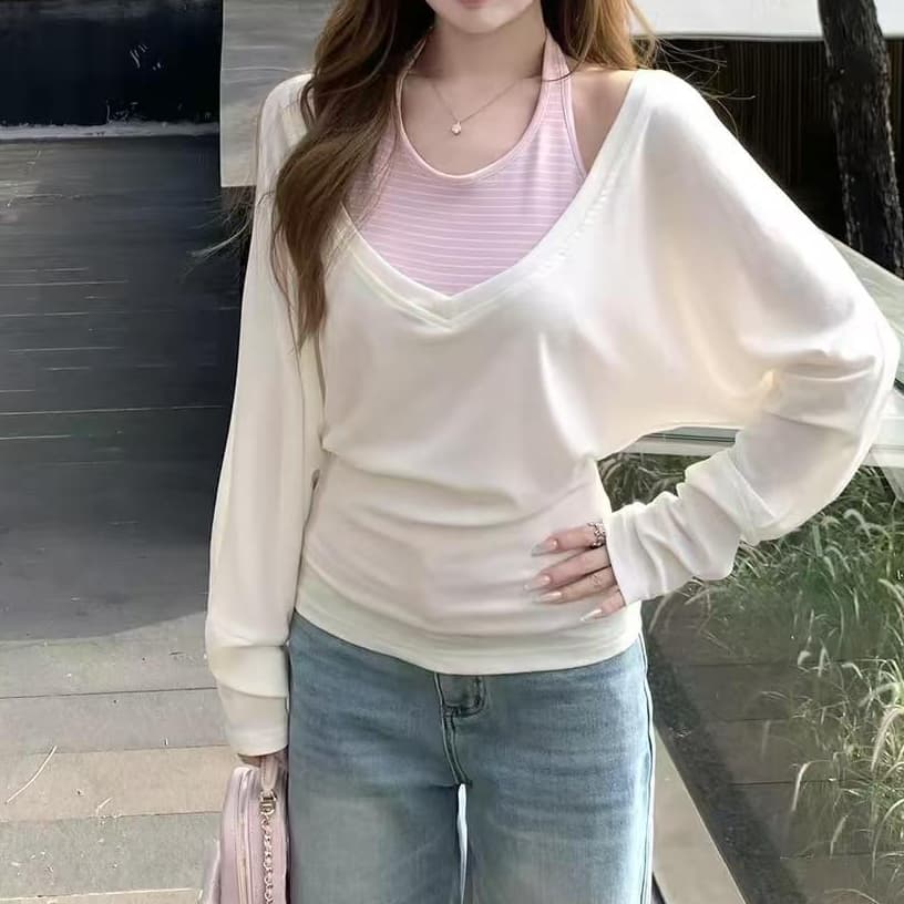 재고 있음 V넥 긴팔 티셔츠 맨위 스트라이프 행침 목 슬립 봄 가을 다용도 자외선 차단 블라우스 패션 투피스 조끼 상세 이미지 7