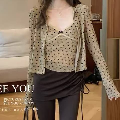 재고 있음 회색 도트 무늬 하트 투피스 세트 순수한 욕망 바람 홀치기 염색 프린트 식물 플러시 레이스 슬립 반팔 자외선 차단 오픈 가디건 상세 이미지 5