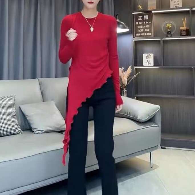 재고 있음 새로운 한국 스타일 패션 다용도 라운드 넥 긴팔 티셔츠 여성 의류 슬림해 보이는 기본 셔츠 인사이드 가져 가라. 불규칙 맨위