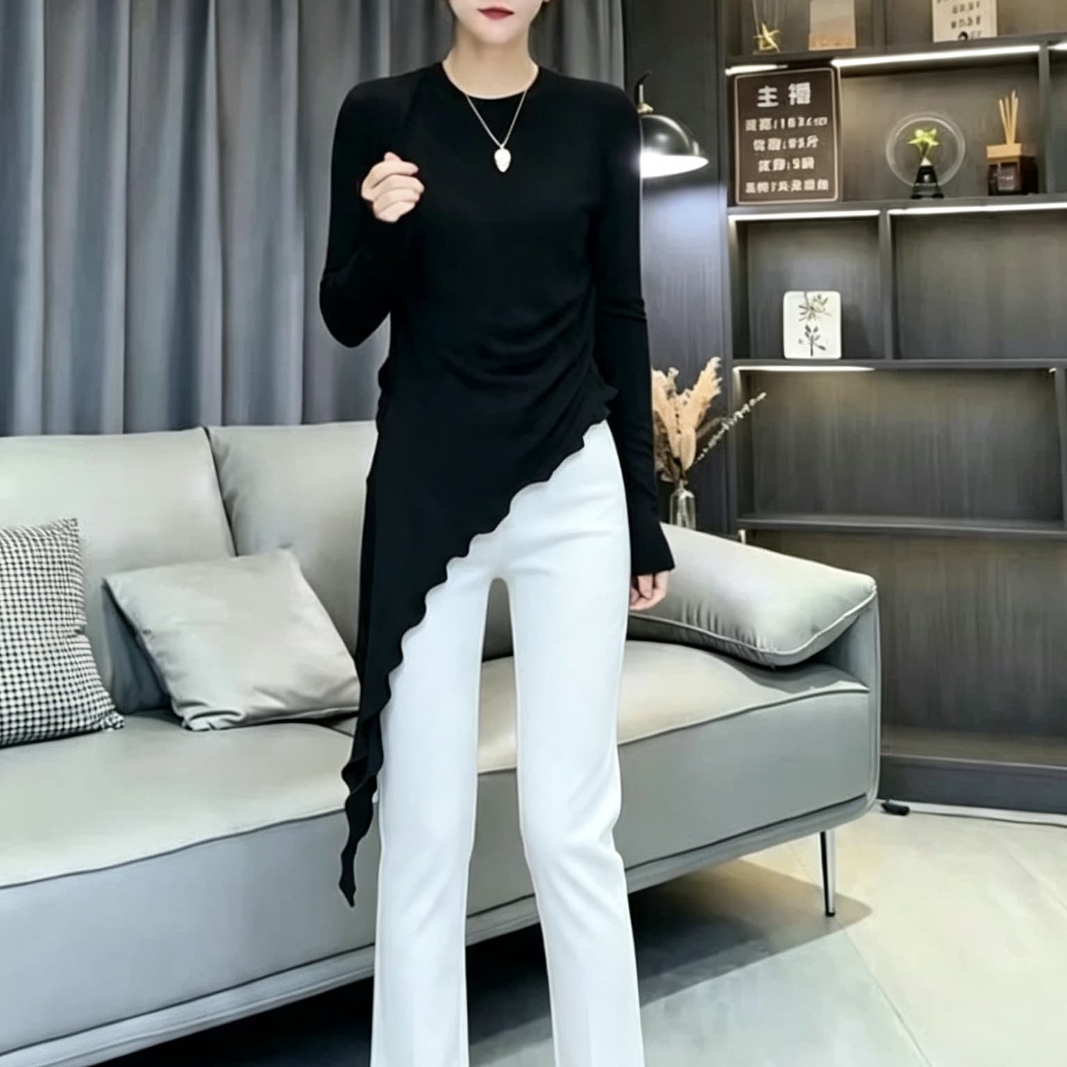 재고 있음 새로운 한국 스타일 패션 다용도 라운드 넥 긴팔 티셔츠 여성 의류 슬림해 보이는 기본 셔츠 인사이드 가져 가라. 불규칙 맨위 상세 이미지 9