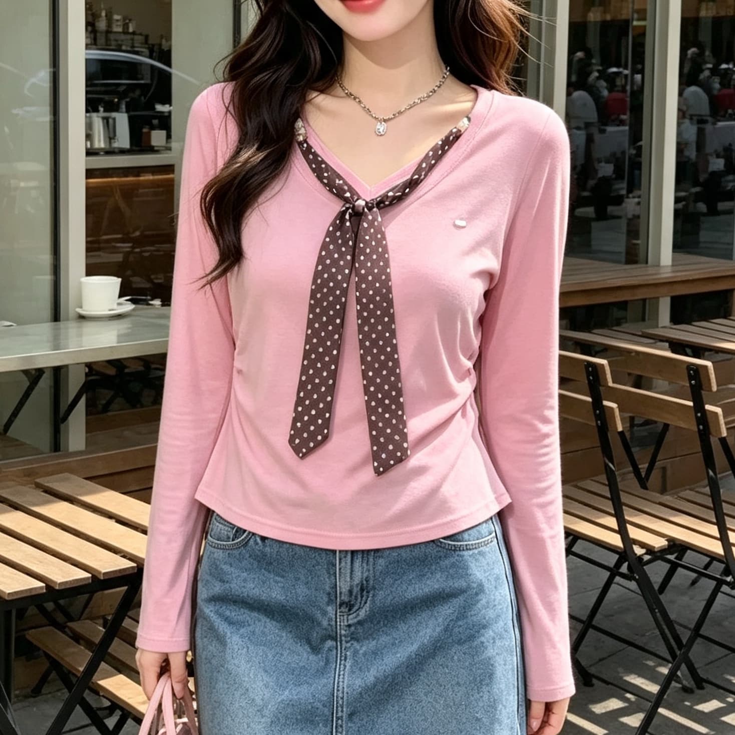 재고 있음 V넥 도트 무늬 스카프 장식 긴팔 티셔츠 가을 겨울 새로운 양면 수신 Pleat 슬림해 보이는 양모 맨위 기본 셔츠 이미지 4