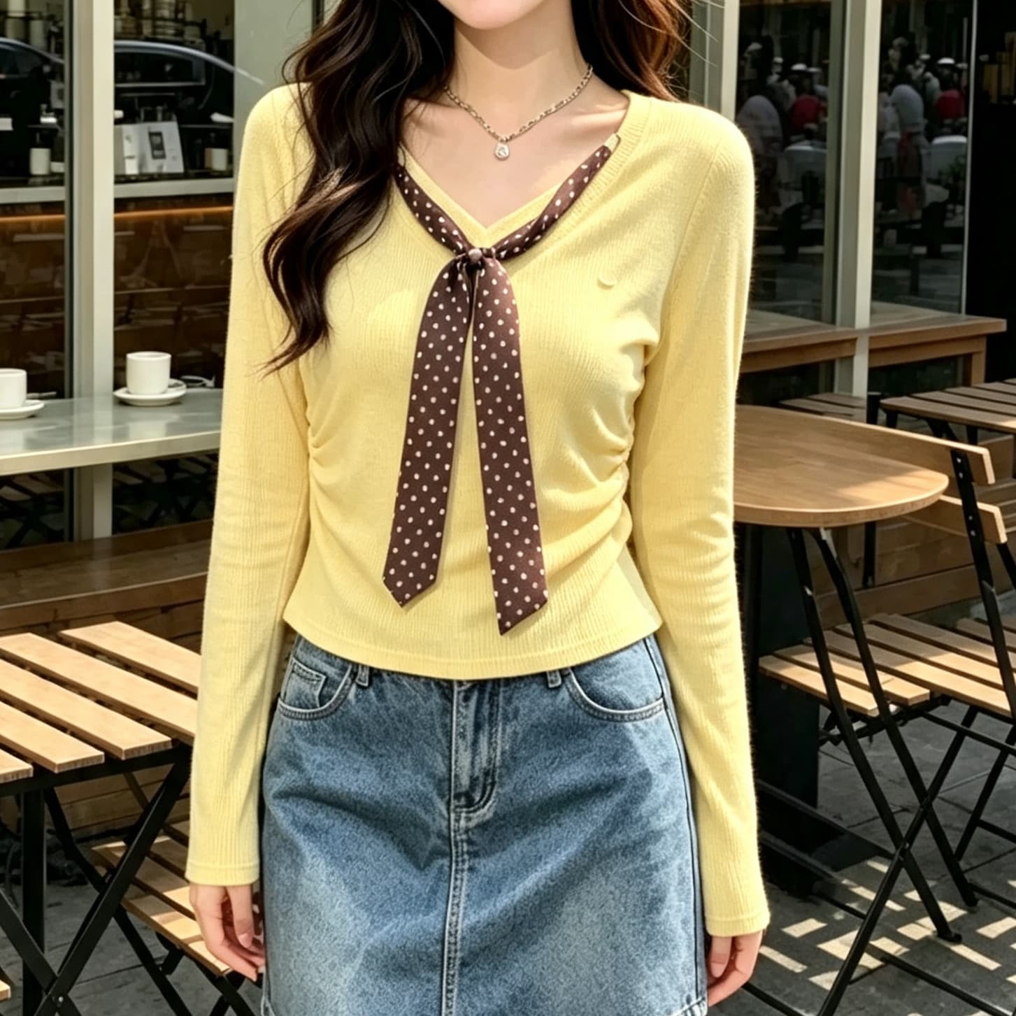 재고 있음 V넥 도트 무늬 스카프 장식 긴팔 티셔츠 가을 겨울 새로운 양면 수신 Pleat 슬림해 보이는 양모 맨위 기본 셔츠 이미지 5