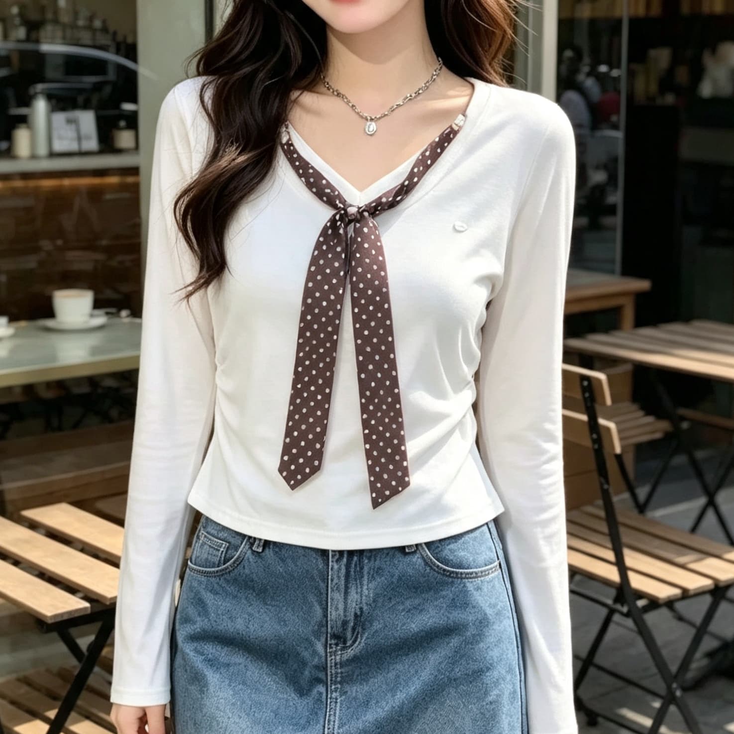 재고 있음 V넥 도트 무늬 스카프 장식 긴팔 티셔츠 가을 겨울 새로운 양면 수신 Pleat 슬림해 보이는 양모 맨위 기본 셔츠 상세 이미지 3