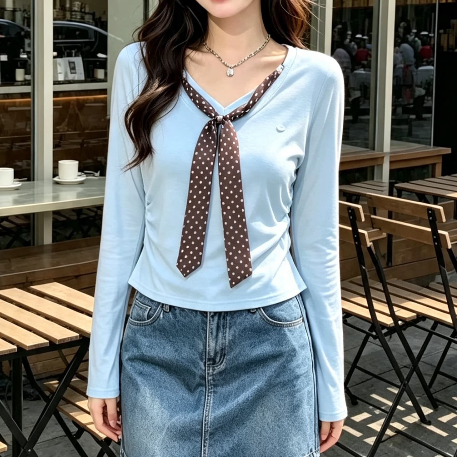 재고 있음 V넥 도트 무늬 스카프 장식 긴팔 티셔츠 가을 겨울 새로운 양면 수신 Pleat 슬림해 보이는 양모 맨위 기본 셔츠 상세 이미지 4