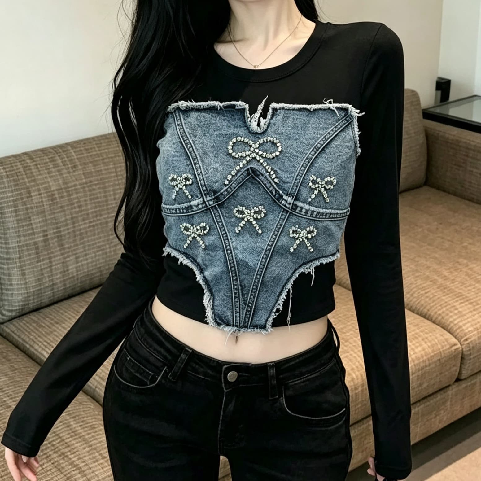 재고 있음 레트로 거친 가장자리 데님 패치워크 핫걸 나비 매듭 훈련 맨위 이슬 뼈의 높음 폭탄 땀 흡수 운동 긴팔 티셔츠 이미지 4