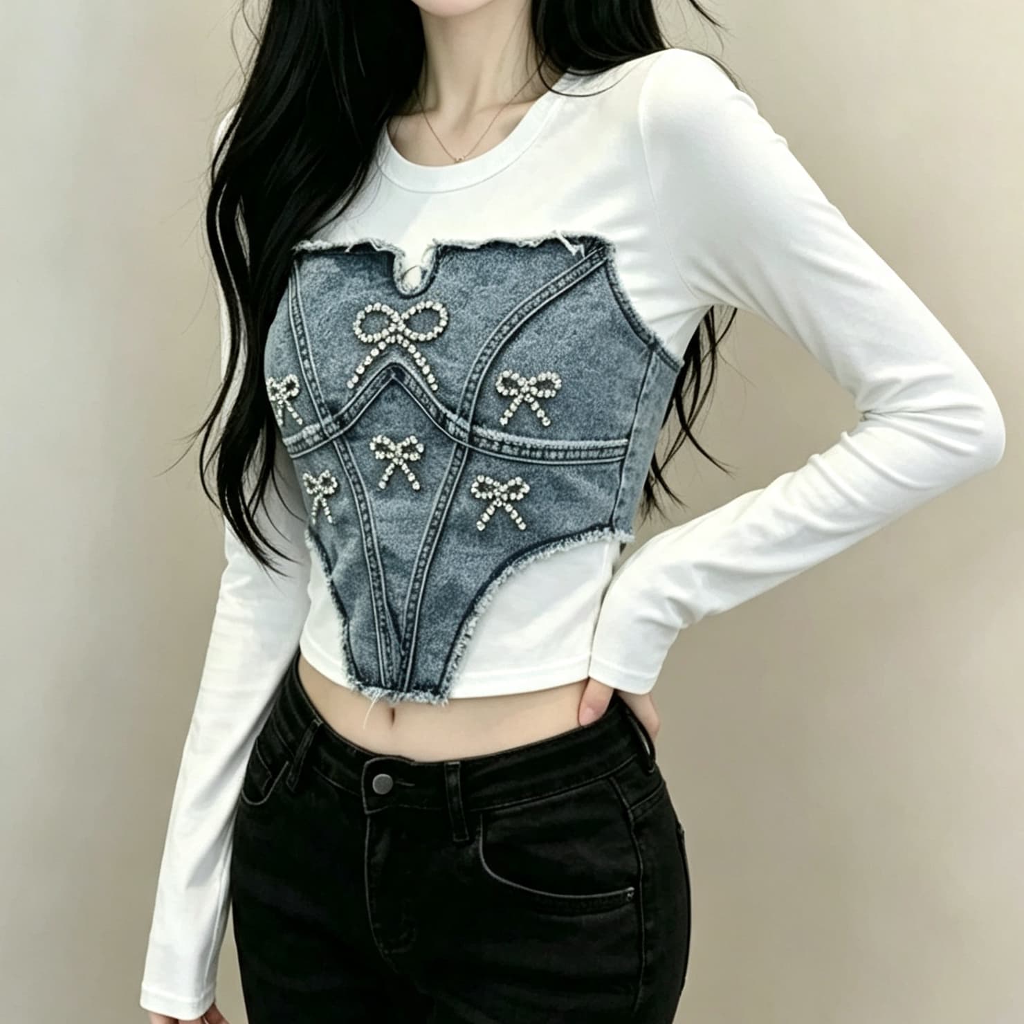 재고 있음 레트로 거친 가장자리 데님 패치워크 핫걸 나비 매듭 훈련 맨위 이슬 뼈의 높음 폭탄 땀 흡수 운동 긴팔 티셔츠 이미지 2