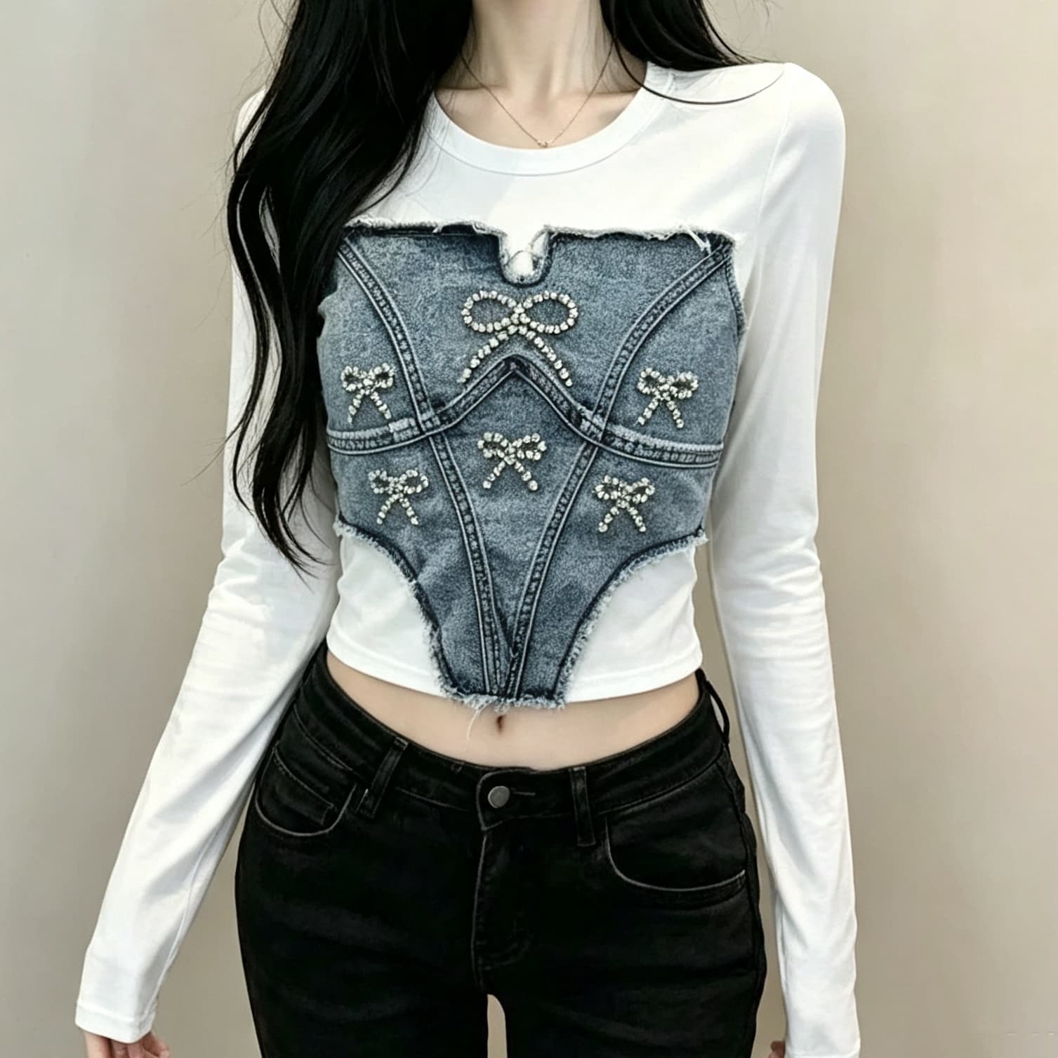 재고 있음 레트로 거친 가장자리 데님 패치워크 핫걸 나비 매듭 훈련 맨위 이슬 뼈의 높음 폭탄 땀 흡수 운동 긴팔 티셔츠