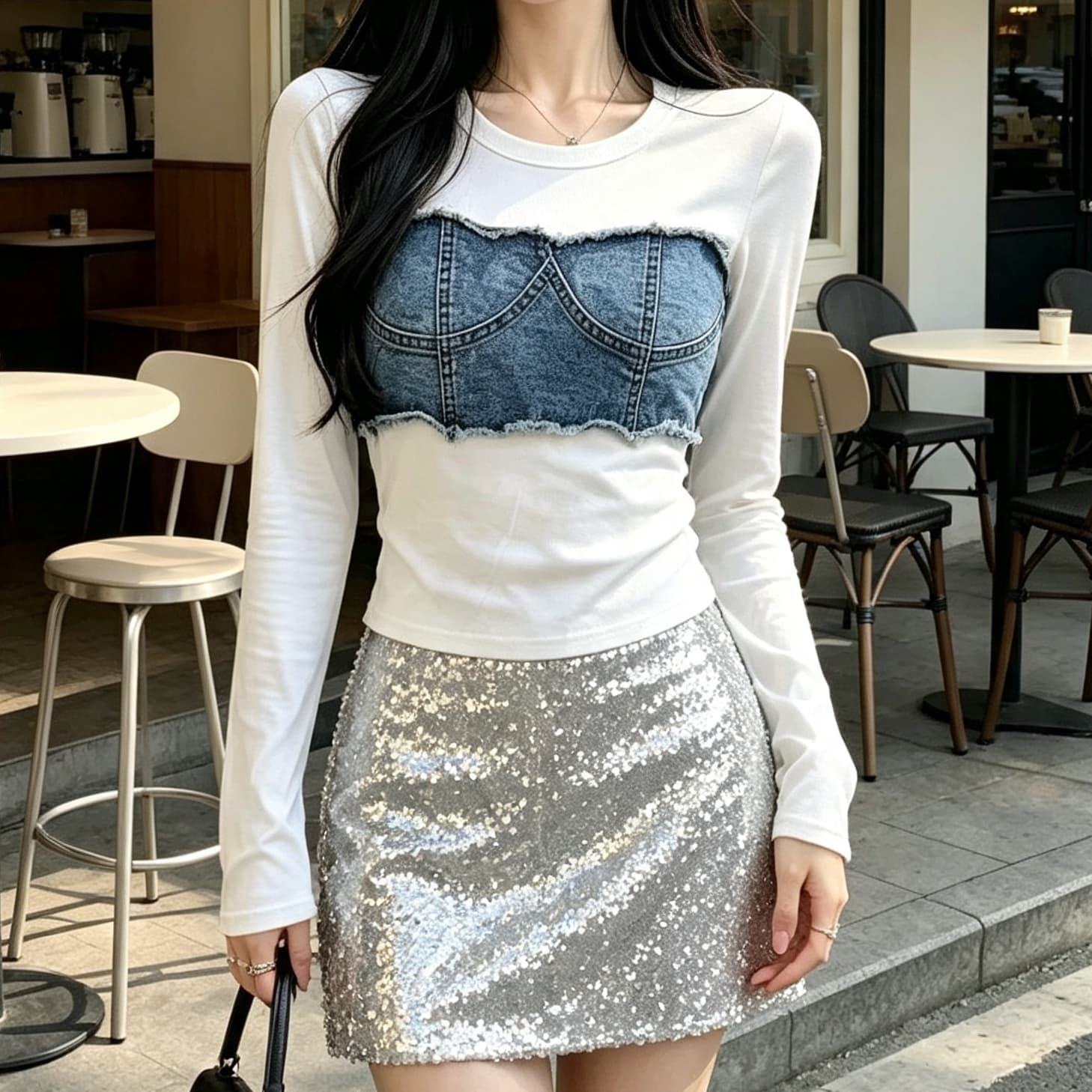 재고 있음 아메리칸 레트로 핫걸 품격 데님 패치워크 쇼트 스타일 면 소재 긴팔 맨위 봄 가을 순수한 욕망 작은 대중 티셔츠 이미지 2
