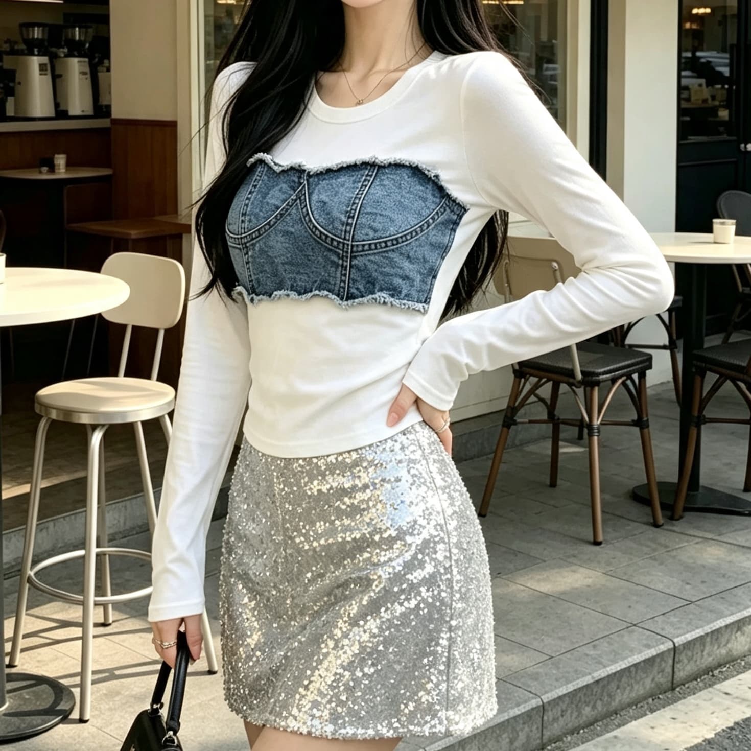 재고 있음 아메리칸 레트로 핫걸 품격 데님 패치워크 쇼트 스타일 면 소재 긴팔 맨위 봄 가을 순수한 욕망 작은 대중 티셔츠 상세 이미지 4