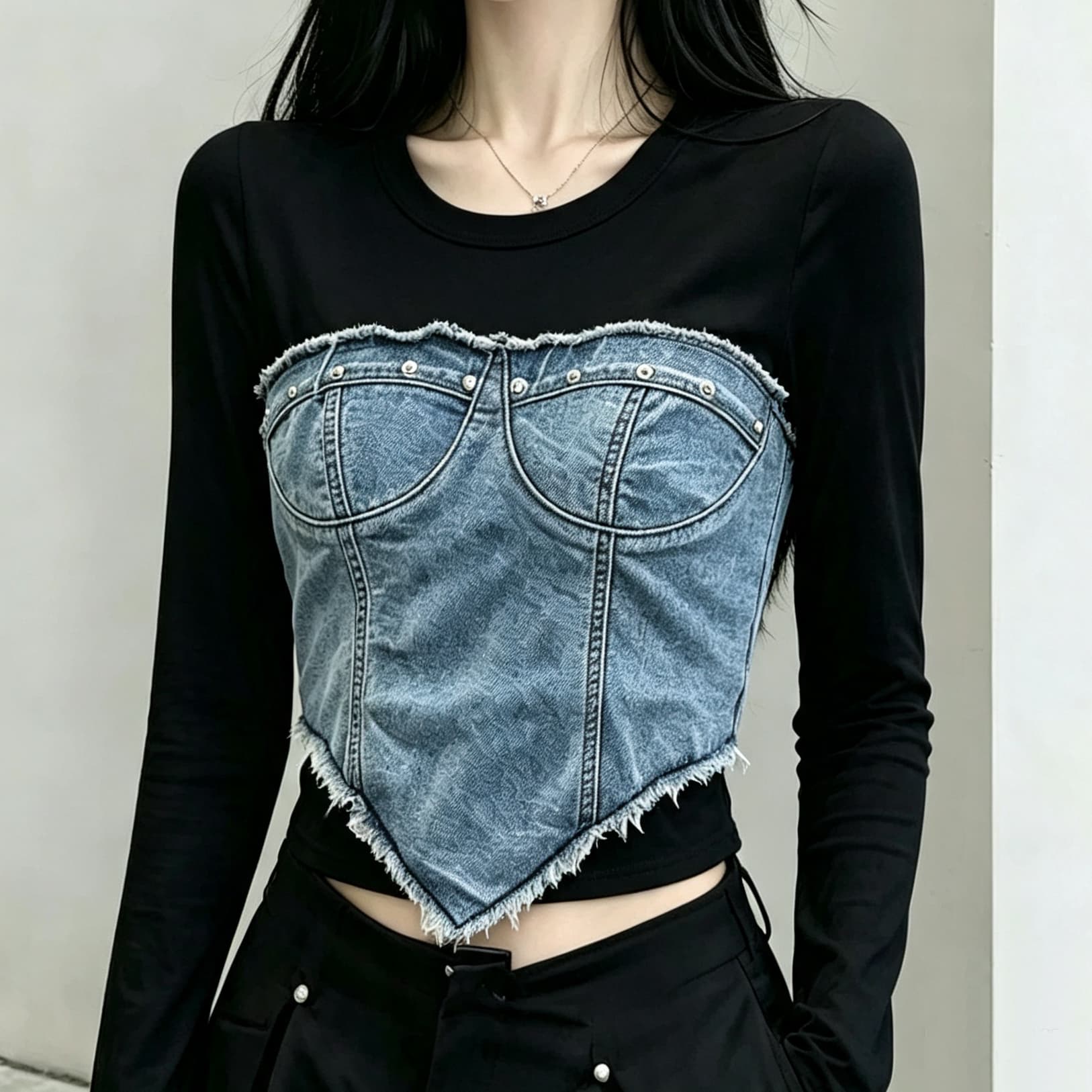 재고 있음 라운드 넥 데님 패치워크 면 소재 긴팔 티셔츠 쇼트 스타일 핫걸 바람 가짜 2 피스 슈트 캐주얼 맨위 작은 셔츠 이미지 3