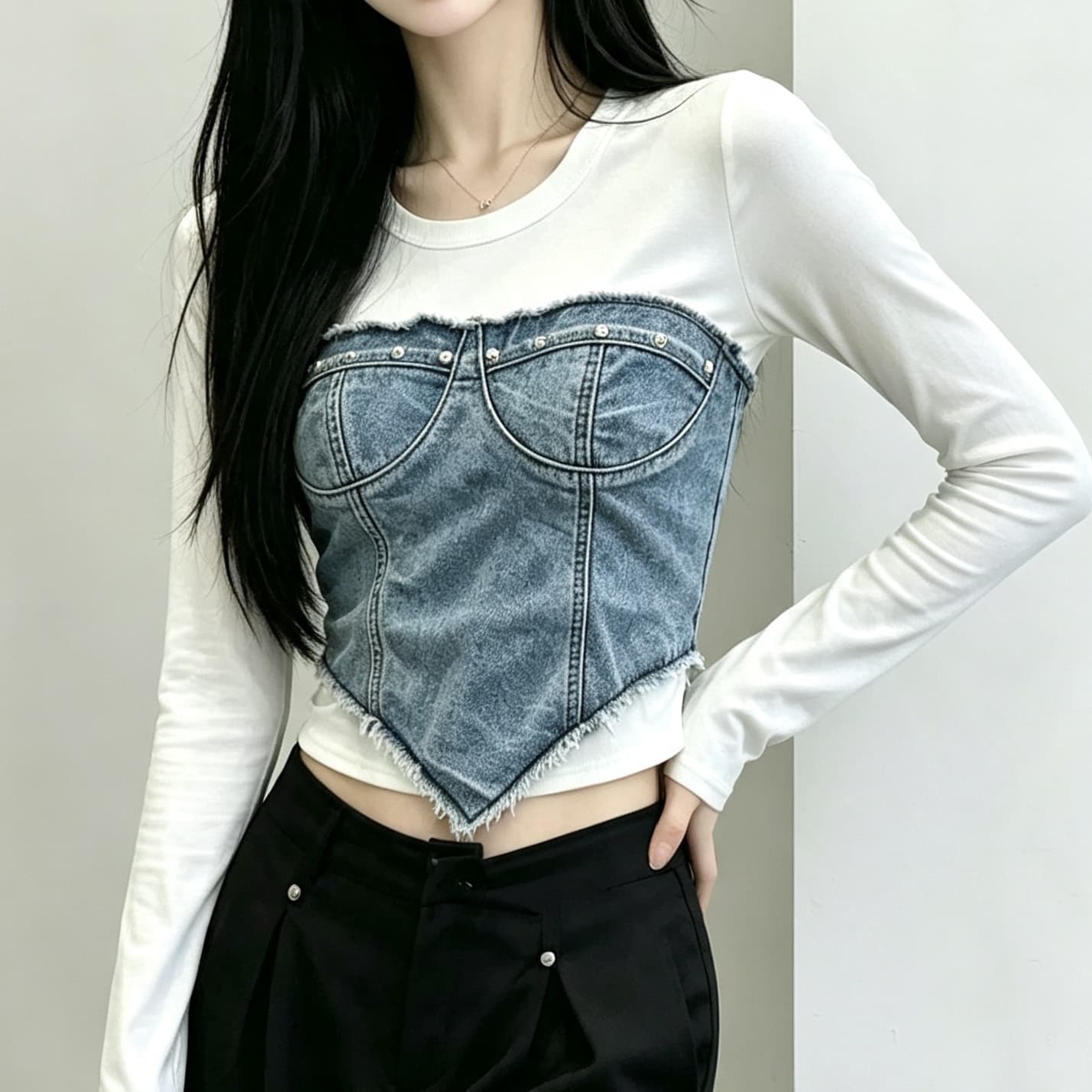 재고 있음 라운드 넥 데님 패치워크 면 소재 긴팔 티셔츠 쇼트 스타일 핫걸 바람 가짜 2 피스 슈트 캐주얼 맨위 작은 셔츠 상세 이미지 6