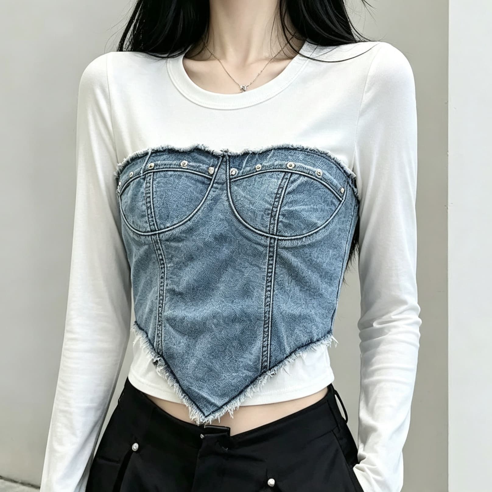 재고 있음 라운드 넥 데님 패치워크 면 소재 긴팔 티셔츠 쇼트 스타일 핫걸 바람 가짜 2 피스 슈트 캐주얼 맨위 작은 셔츠 상세 이미지 7