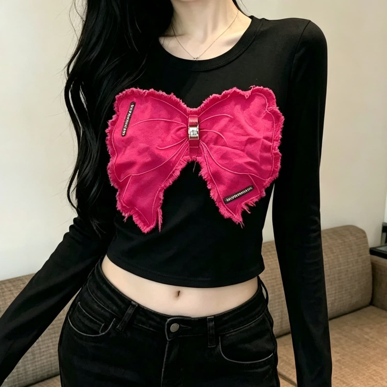 재고 있음 도파민 착용 가져 가라. 나비 긴팔 티셔츠 여성 가을 새로운 아메리칸 달콤한 핫걸 쇼트 스타일 인사이드 가져 가라. 만나는 맨위 이미지 2