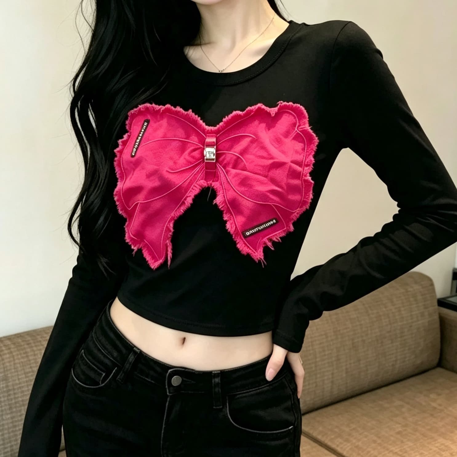 재고 있음 도파민 착용 가져 가라. 나비 긴팔 티셔츠 여성 가을 새로운 아메리칸 달콤한 핫걸 쇼트 스타일 인사이드 가져 가라. 만나는 맨위