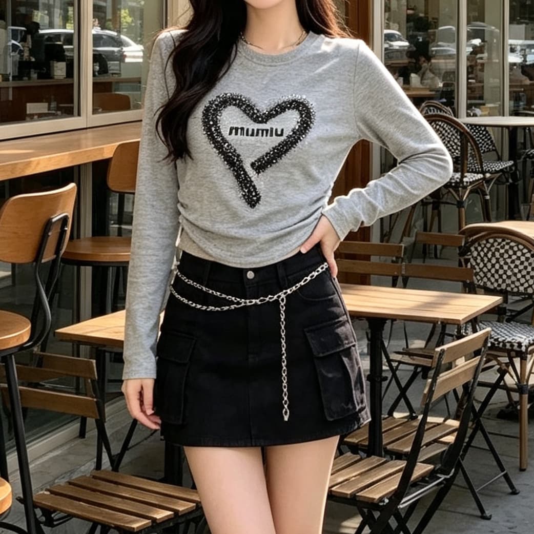 재고 있음 봄 가을 새로운 긴팔 유럽 역 프린트 핫픽스 하트 티셔츠 다용도 라운드 넥 맨위 외국 가스 기본 셔츠 이미지 5