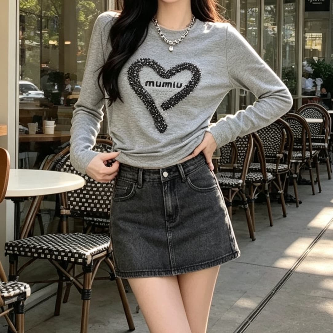 재고 있음 봄 가을 새로운 긴팔 유럽 역 프린트 핫픽스 하트 티셔츠 다용도 라운드 넥 맨위 외국 가스 기본 셔츠 상세 이미지 5