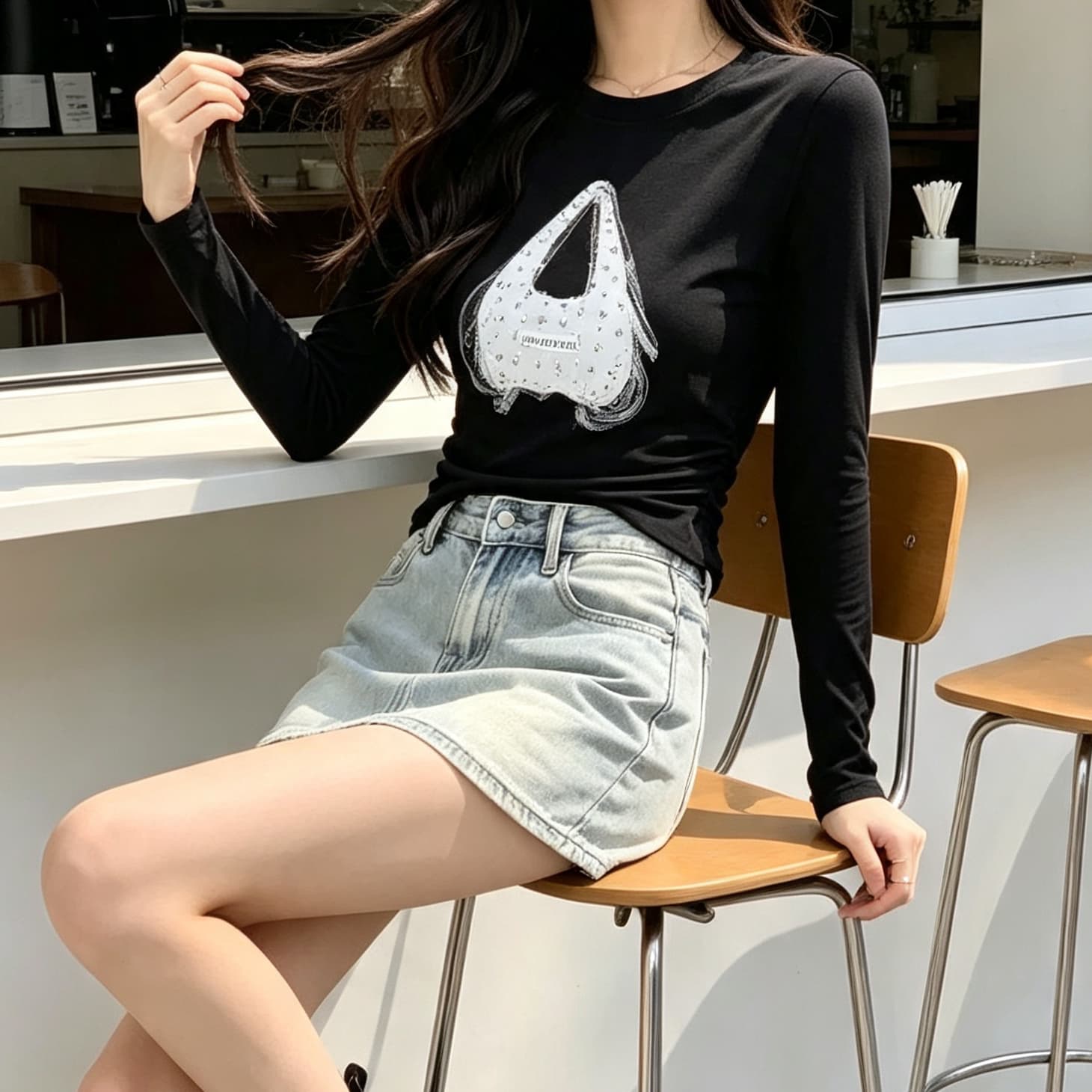 재고 있음 봄 가을 새로운 긴팔 유럽 역 프린트 핫픽스 가방 티셔츠 다용도 라운드 넥 맨위 외국 가스 기본 셔츠 이미지 5
