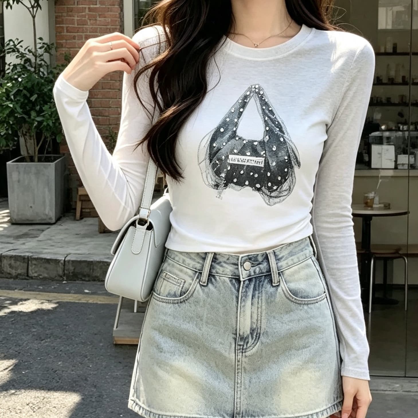 재고 있음 봄 가을 새로운 긴팔 유럽 역 프린트 핫픽스 가방 티셔츠 다용도 라운드 넥 맨위 외국 가스 기본 셔츠 이미지 2