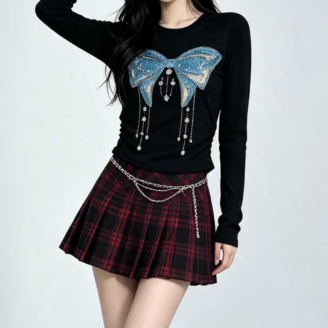 재고 있음 봄 가을 새로운 긴팔 유럽 역 무거운 작업 핫픽스 나비 매듭 티셔츠 다용도 라운드 넥 주름 허리 수축 맨위 상세 이미지 1