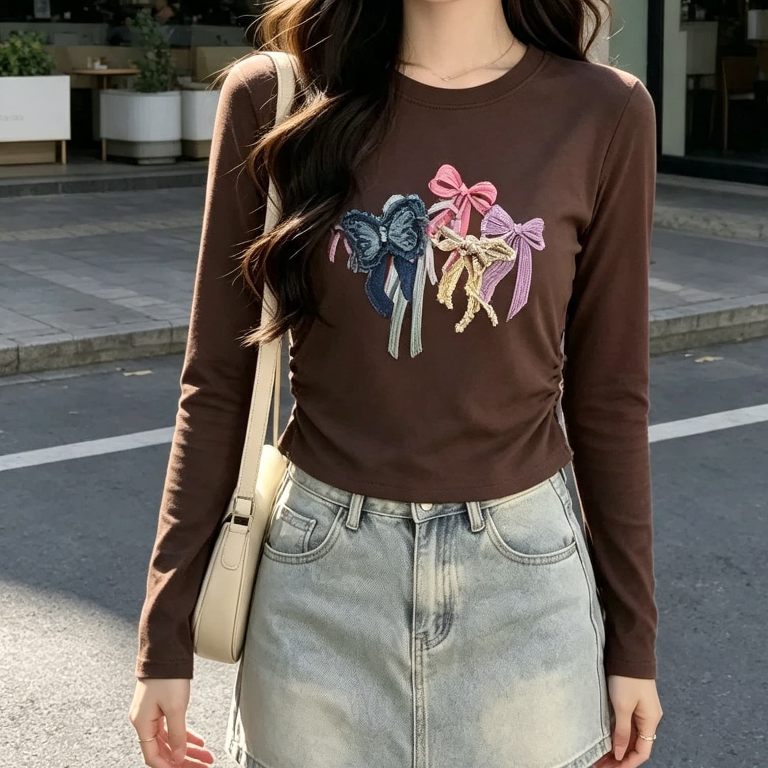재고 있음 봄 가을 새로운 긴팔 유럽 역 무거운 작업 나비 매듭 티셔츠 다용도 라운드 넥 주름 허리 수축 외국 가스 맨위 이미지 4