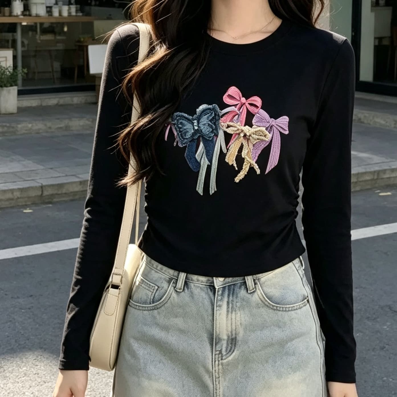 재고 있음 봄 가을 새로운 긴팔 유럽 역 무거운 작업 나비 매듭 티셔츠 다용도 라운드 넥 주름 허리 수축 외국 가스 맨위 상세 이미지 1
