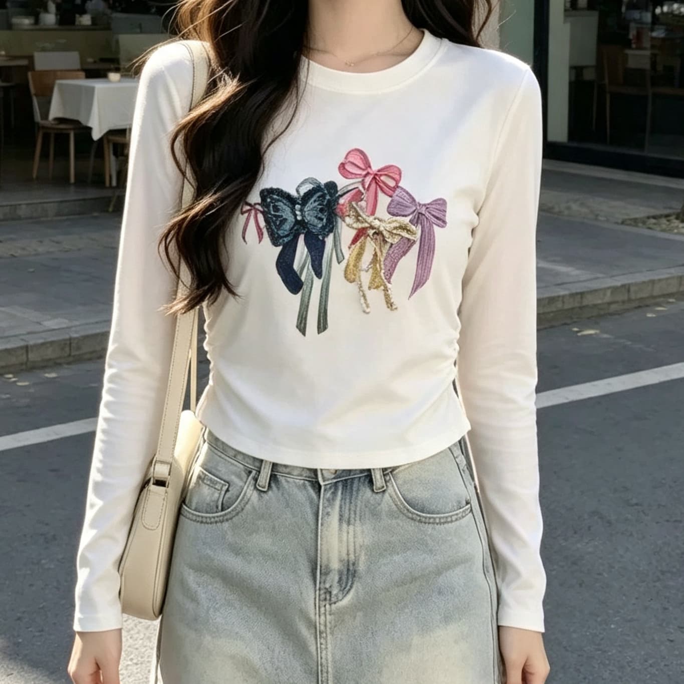 재고 있음 봄 가을 새로운 긴팔 유럽 역 무거운 작업 나비 매듭 티셔츠 다용도 라운드 넥 주름 허리 수축 외국 가스 맨위 상세 이미지 2