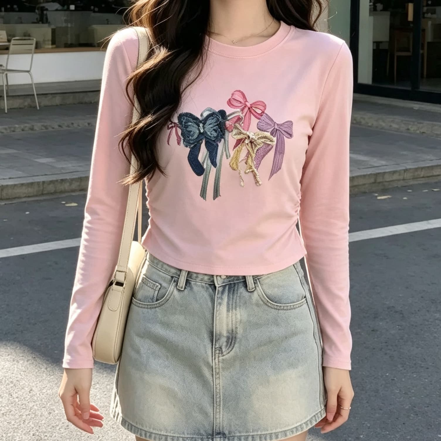 재고 있음 봄 가을 새로운 긴팔 유럽 역 무거운 작업 나비 매듭 티셔츠 다용도 라운드 넥 주름 허리 수축 외국 가스 맨위 상세 이미지 5