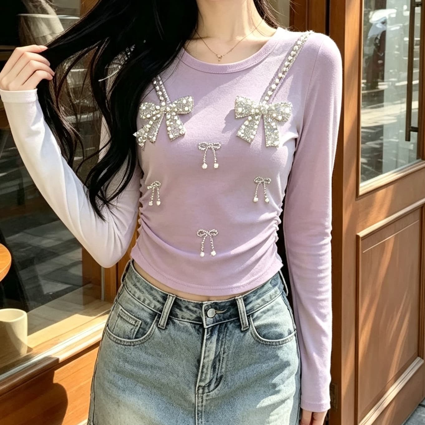 재고 있음 봄 가을 새로운 긴팔 유럽 역 무거운 작업 비즈 박기 나비 매듭 티셔츠 다용도 라운드 넥 주름 허리 수축 맨위 이미지 5