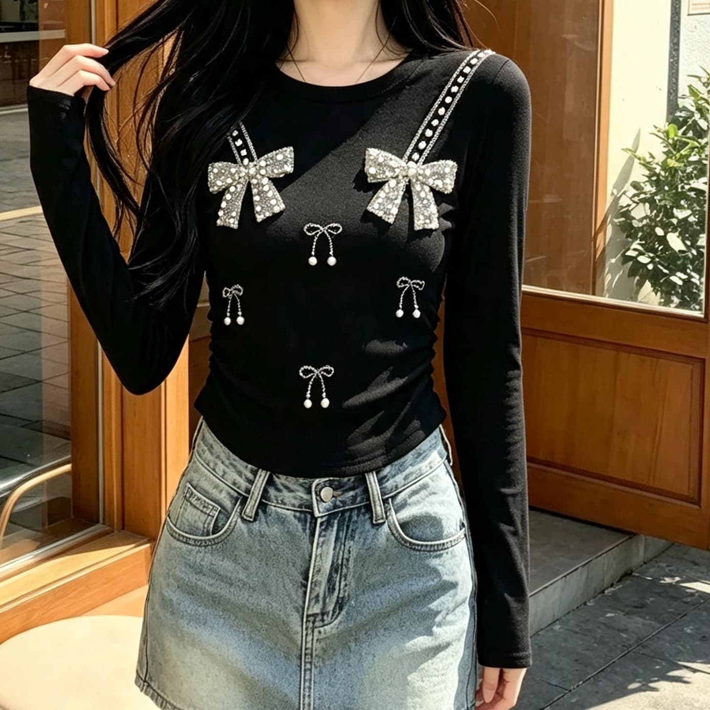 재고 있음 봄 가을 새로운 긴팔 유럽 역 무거운 작업 비즈 박기 나비 매듭 티셔츠 다용도 라운드 넥 주름 허리 수축 맨위