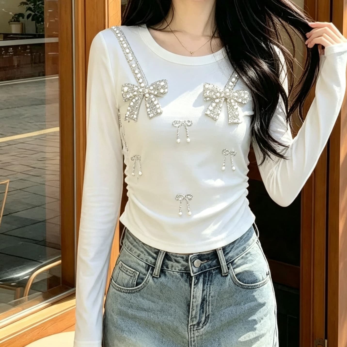 재고 있음 봄 가을 새로운 긴팔 유럽 역 무거운 작업 비즈 박기 나비 매듭 티셔츠 다용도 라운드 넥 주름 허리 수축 맨위 상세 이미지 2