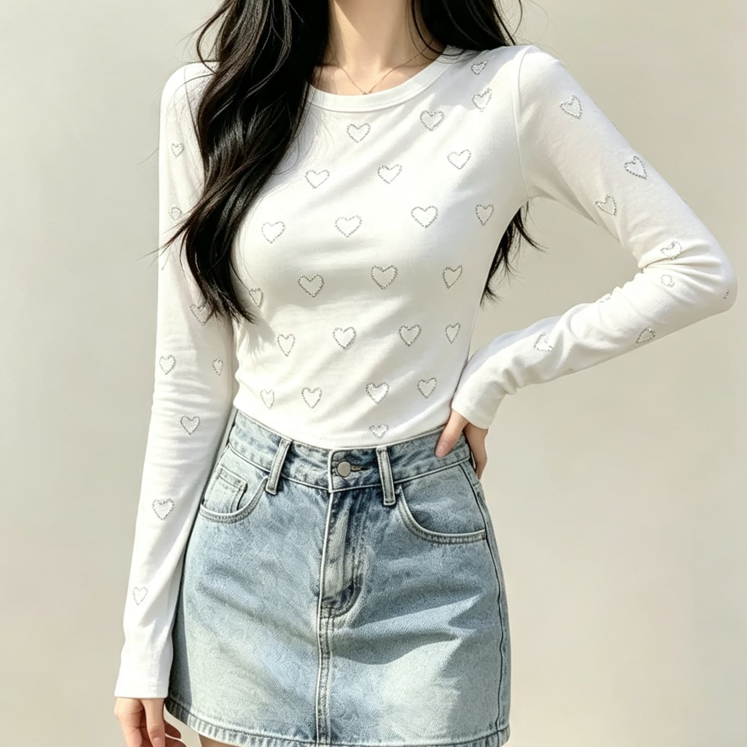 재고 있음 가을 새로운 긴팔 티셔츠 핫픽스 하트 패션 외국 가스 기본 셔츠 라운드 넥 한국 스타일 슈퍼 화재 슬림해 보이는 맨위 상세 이미지 2