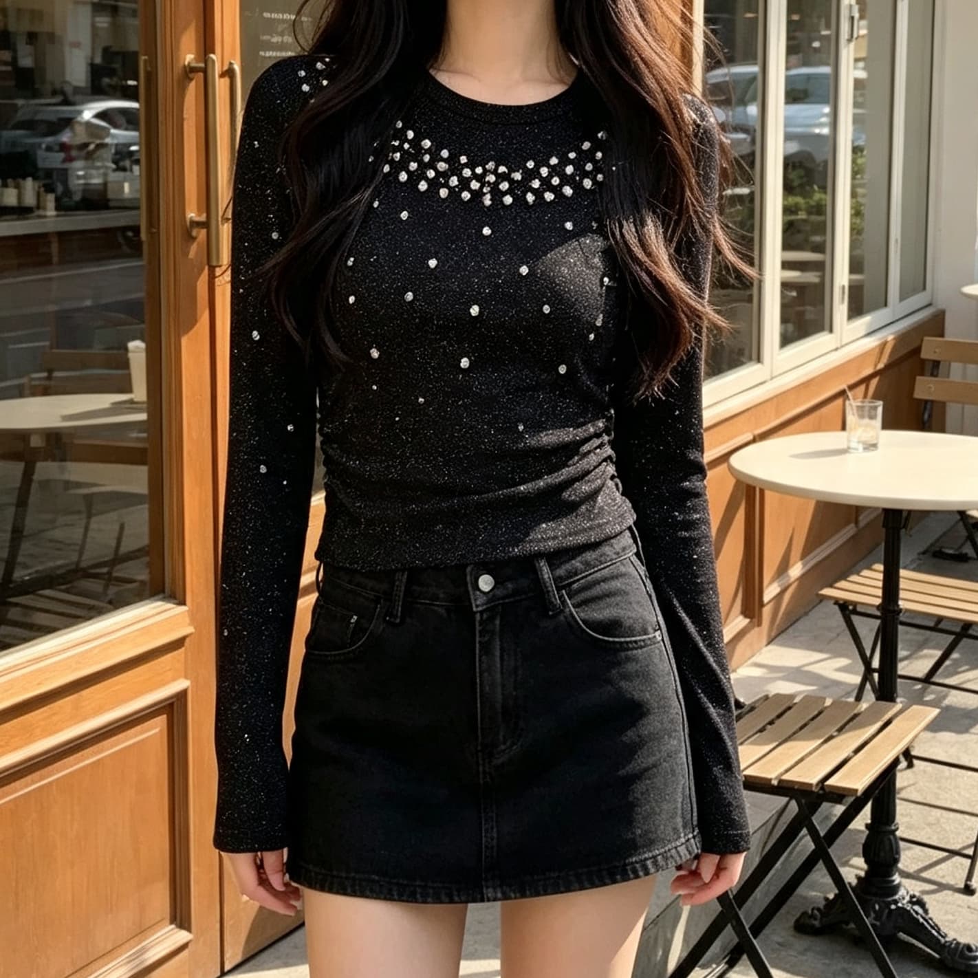 재고 있음 가을 겨울 새로운 고급 센스 비즈 박기 작은 셔츠 패션 품격 명문 여성 허리 수축 긴팔 티셔츠 기본 셔츠 맨위