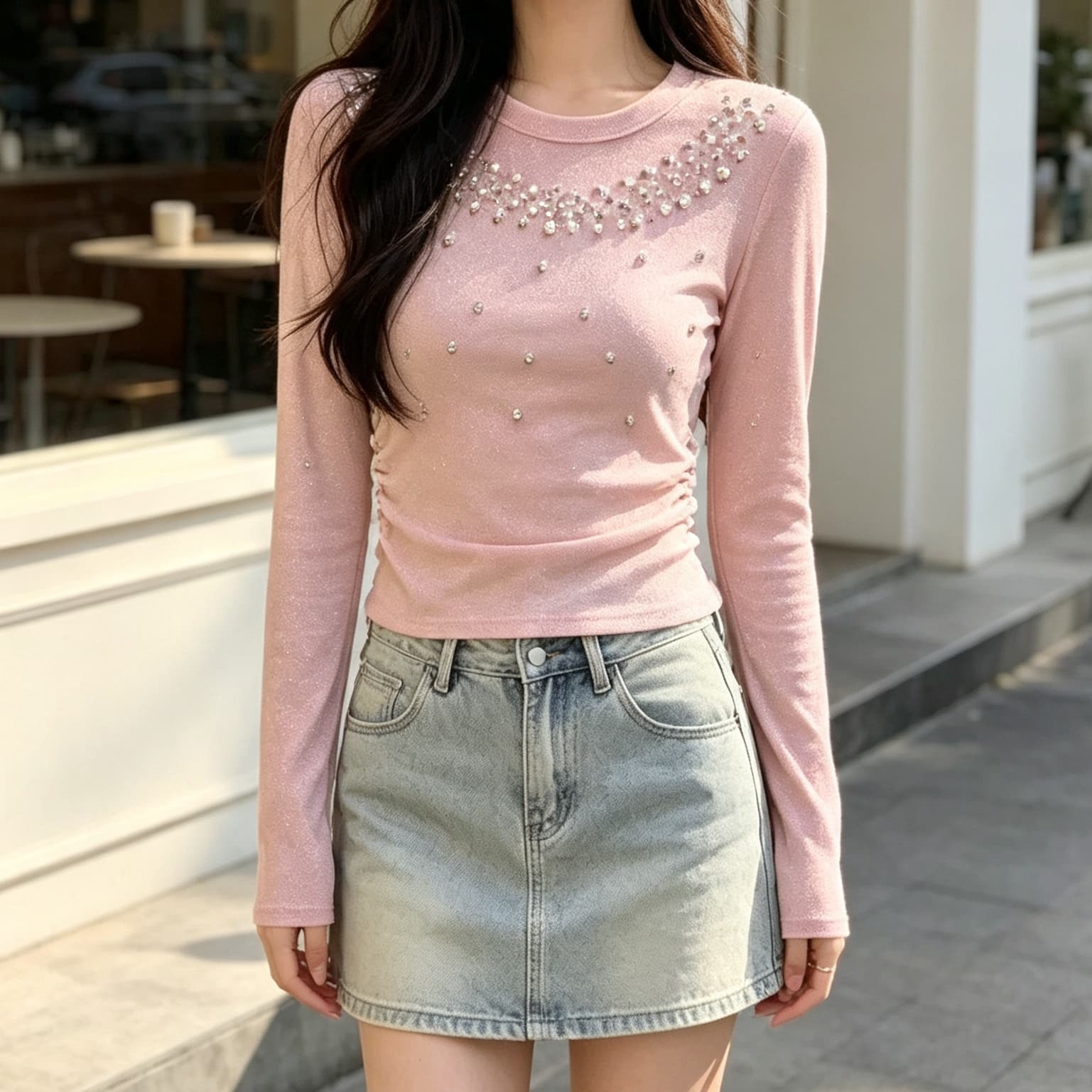 재고 있음 가을 겨울 새로운 고급 센스 비즈 박기 작은 셔츠 패션 품격 명문 여성 허리 수축 긴팔 티셔츠 기본 셔츠 맨위 이미지 2