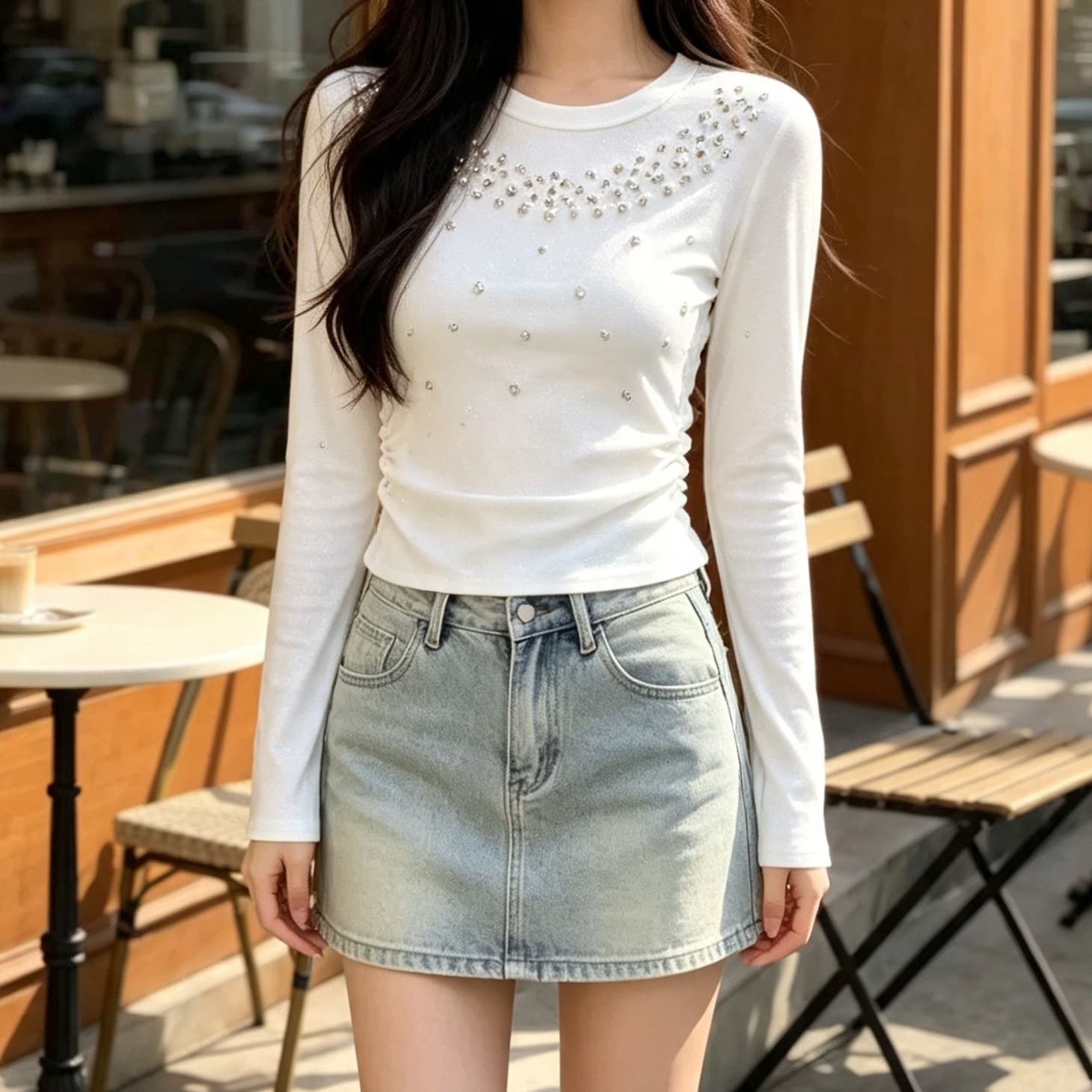 재고 있음 가을 겨울 새로운 고급 센스 비즈 박기 작은 셔츠 패션 품격 명문 여성 허리 수축 긴팔 티셔츠 기본 셔츠 맨위 상세 이미지 4