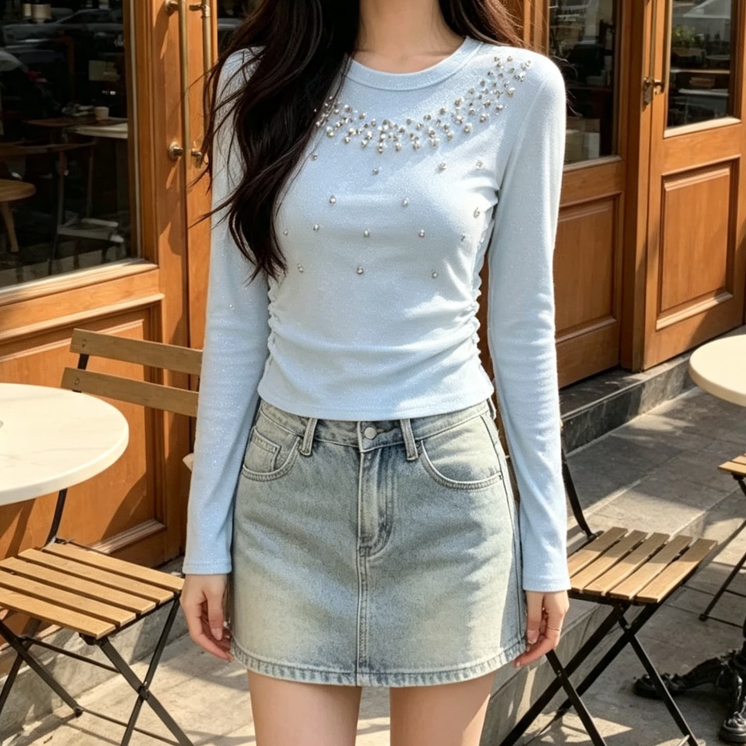 재고 있음 가을 겨울 새로운 고급 센스 비즈 박기 작은 셔츠 패션 품격 명문 여성 허리 수축 긴팔 티셔츠 기본 셔츠 맨위 상세 이미지 5