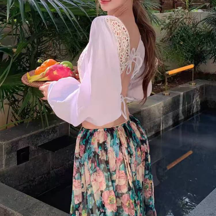 재고 있음 해변가 휴가 바람 자수 홀로우 아웃 백리스 긴팔 봄 가을 새로운 티셔츠 꽃 패치워크 노출되지 않음 뒤쪽에 의류 이미지 3