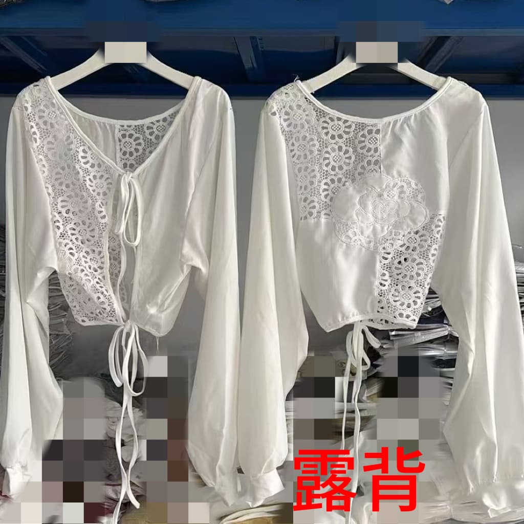 재고 있음 해변가 휴가 바람 자수 홀로우 아웃 백리스 긴팔 봄 가을 새로운 티셔츠 꽃 패치워크 노출되지 않음 뒤쪽에 의류 상세 이미지 1