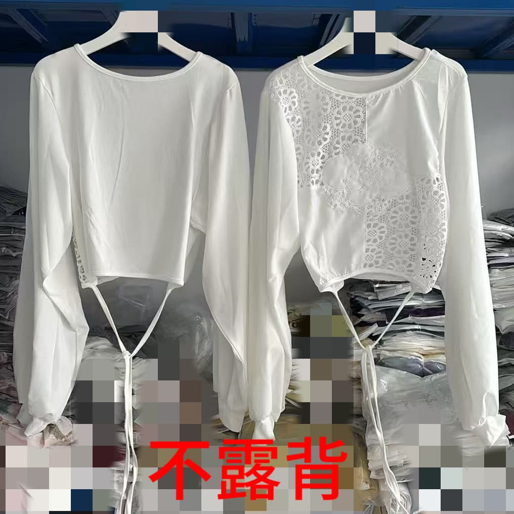 재고 있음 해변가 휴가 바람 자수 홀로우 아웃 백리스 긴팔 봄 가을 새로운 티셔츠 꽃 패치워크 노출되지 않음 뒤쪽에 의류 상세 이미지 2