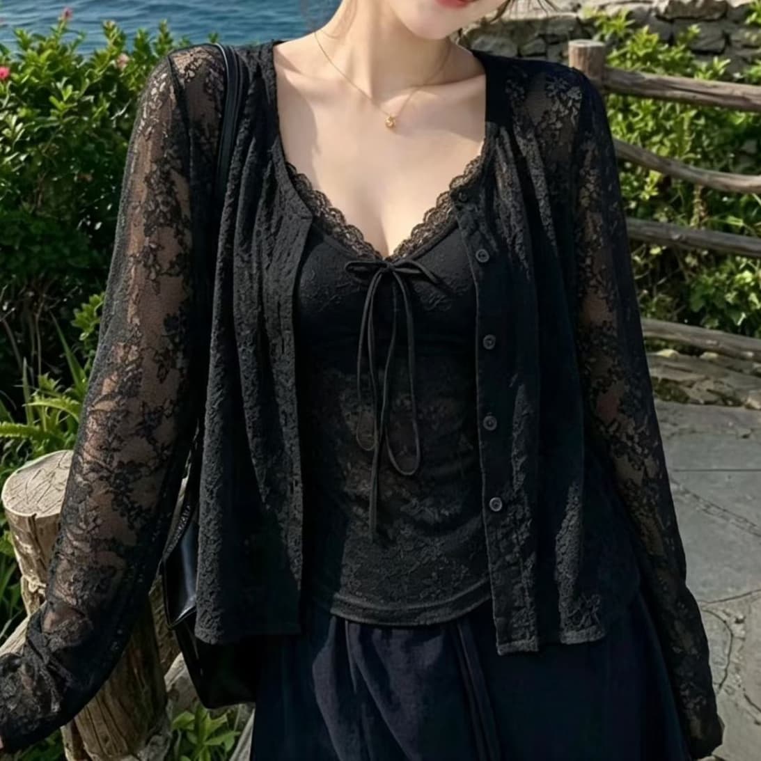 재고 있음 한 부서 부드러운 바람 V넥 슬립 오픈 가디건 긴팔 루즈핏 자외선 차단 재킷 레이스 맨위 두 조각 여성 세트 이미지 2