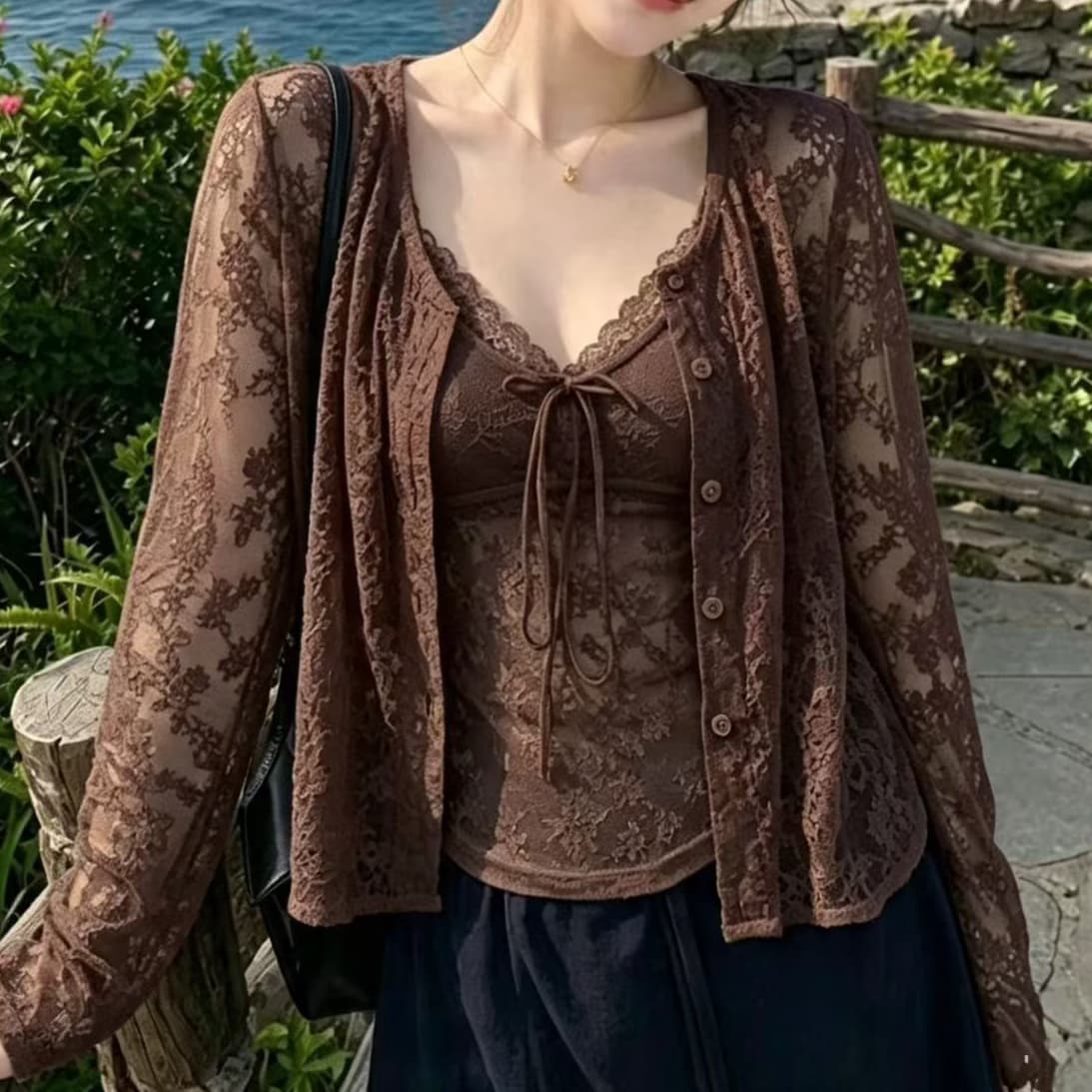 재고 있음 한 부서 부드러운 바람 V넥 슬립 오픈 가디건 긴팔 루즈핏 자외선 차단 재킷 레이스 맨위 두 조각 여성 세트 이미지 3