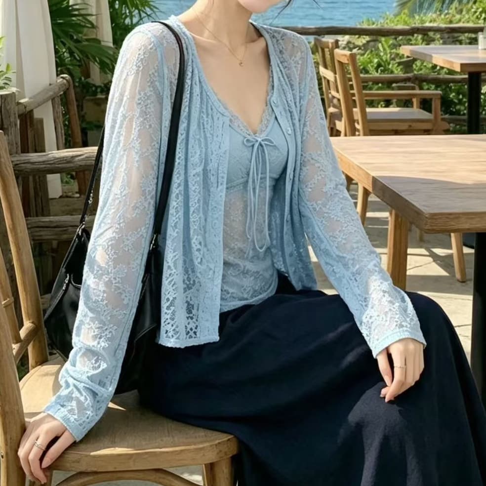 재고 있음 한 부서 부드러운 바람 V넥 슬립 오픈 가디건 긴팔 루즈핏 자외선 차단 재킷 레이스 맨위 두 조각 여성 세트 이미지 4