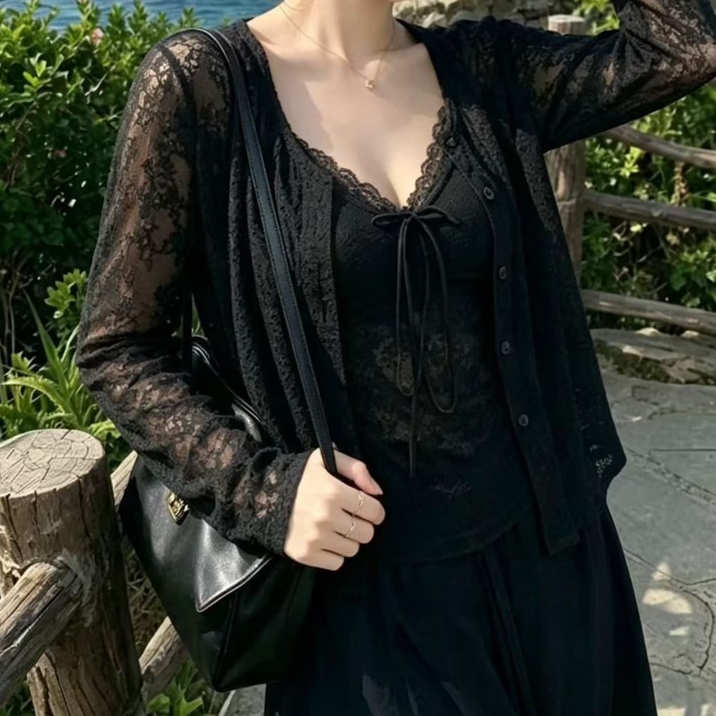 재고 있음 한 부서 부드러운 바람 V넥 슬립 오픈 가디건 긴팔 루즈핏 자외선 차단 재킷 레이스 맨위 두 조각 여성 세트 상세 이미지 4