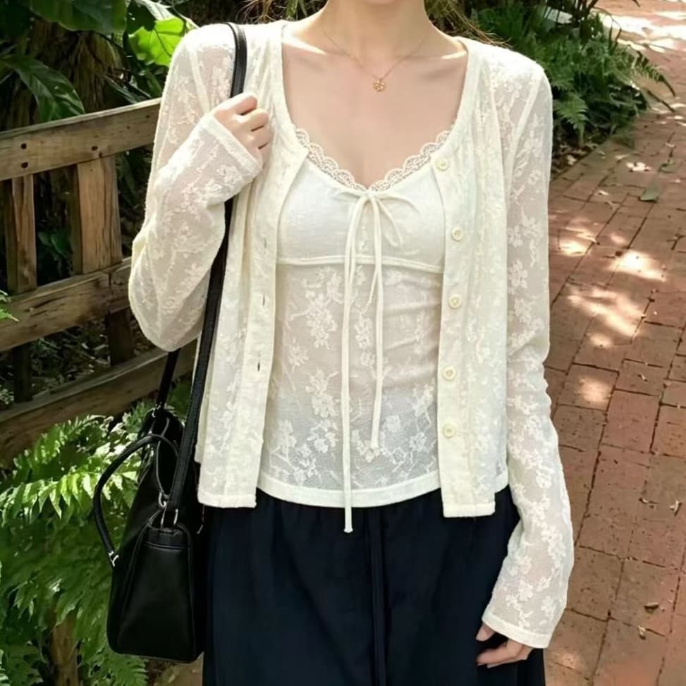 재고 있음 한 부서 부드러운 바람 V넥 슬립 오픈 가디건 긴팔 루즈핏 자외선 차단 재킷 레이스 맨위 두 조각 여성 세트 상세 이미지 7