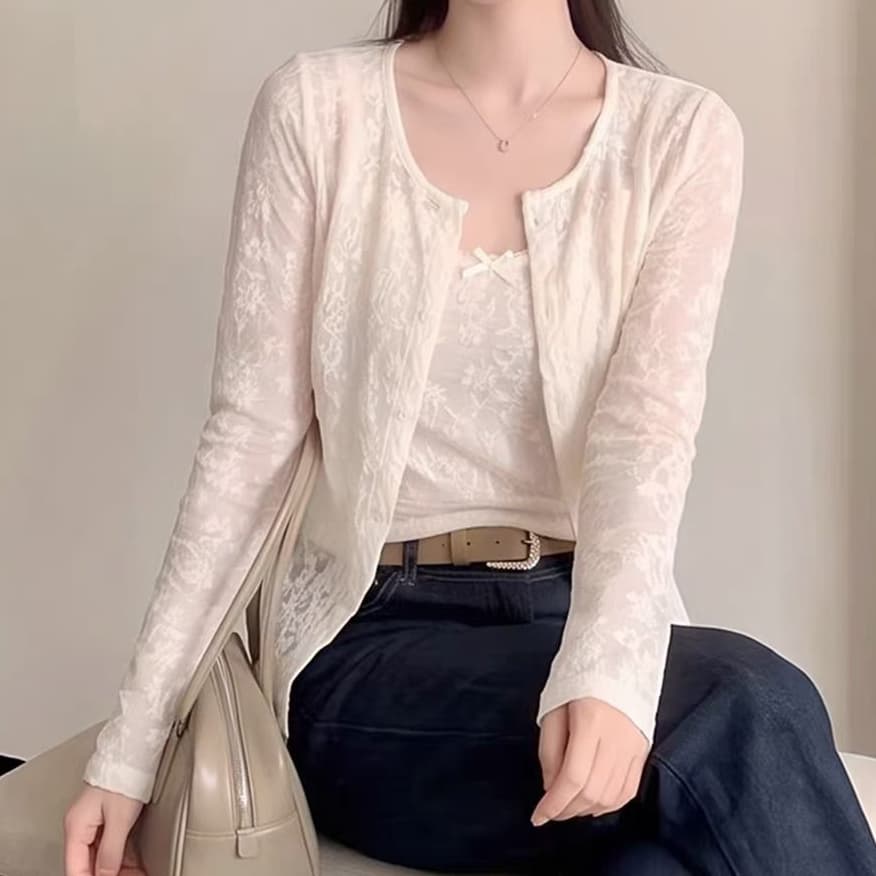 재고 있음 부드러운 한 부서 바람 레이스 오픈 가디건 긴팔 작은 슬링 이른 가을 새로운 투피스 세트 패션 다용도 맨위 상세 이미지 3