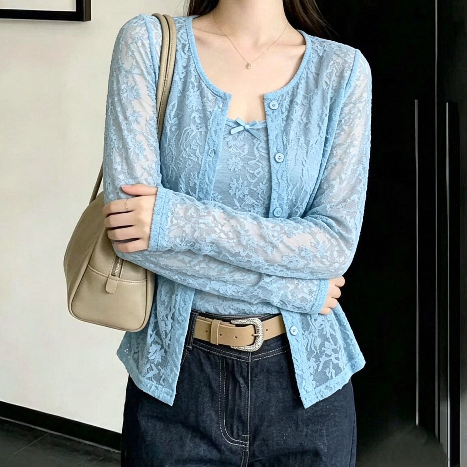 재고 있음 부드러운 한 부서 바람 레이스 오픈 가디건 긴팔 작은 슬링 이른 가을 새로운 투피스 세트 패션 다용도 맨위 상세 이미지 6