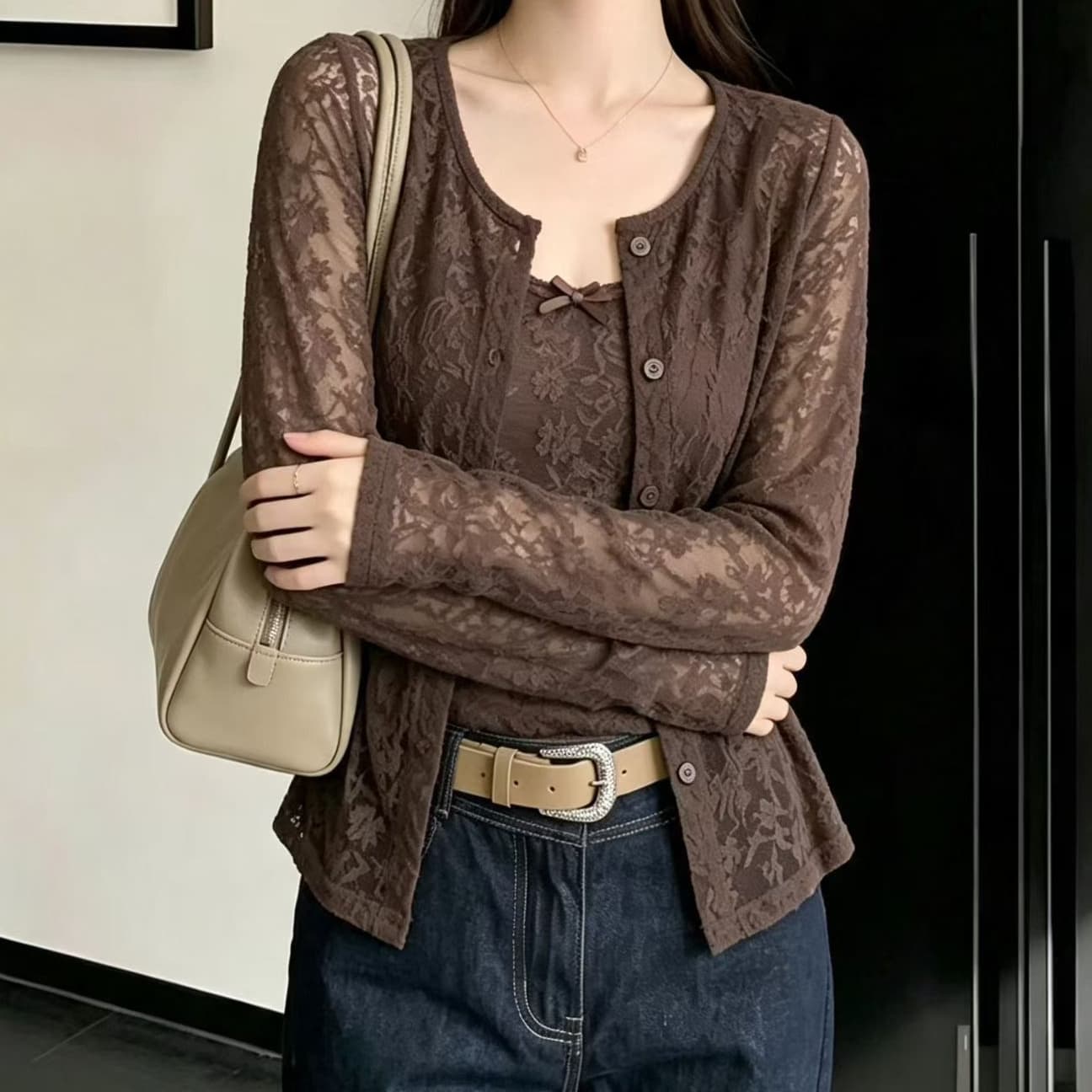 재고 있음 부드러운 한 부서 바람 레이스 오픈 가디건 긴팔 작은 슬링 이른 가을 새로운 투피스 세트 패션 다용도 맨위 상세 이미지 7