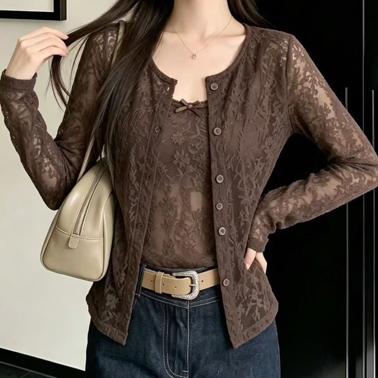 재고 있음 부드러운 한 부서 바람 레이스 오픈 가디건 긴팔 작은 슬링 이른 가을 새로운 투피스 세트 패션 다용도 맨위 상세 이미지 8