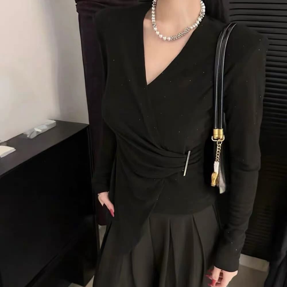 재고 있음 봄 가을 새로운 패션 V넥 긍정적 인 어깨 외국 가스 긴팔 티셔츠 여성 의류 십자가 허리 수축 슬림해 보이는 고급 센스 맨위 상세 이미지 8
