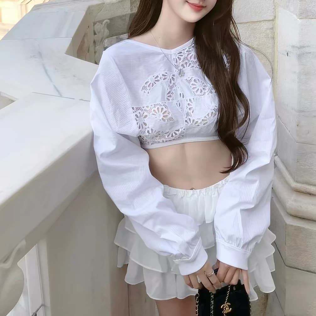 재고 있음 봄 가을 남쪽 기름 화이트 여성 셔츠 디자인 센스 뒤로 홀로우 아웃 슬림해 보이는 새로운 긴팔 티셔츠 쇼트 스타일 맨위